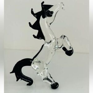 Vintage Blown Glass Mustang Horse Figurine Standing Black And Clear